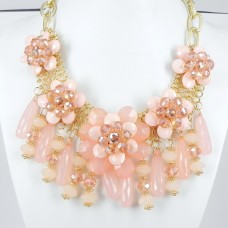 891025-209 Pink Flowers Necklace in Gold