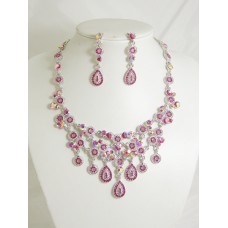 511115-112 Fushia Crystal Necklace Set in Silver